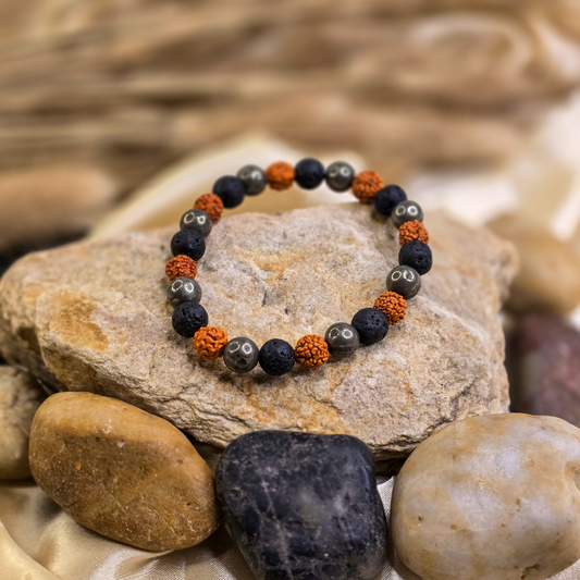 Shiva Kavach Bracelet, Pyrite, Lava Stone, Panchmukhi Rudraksha